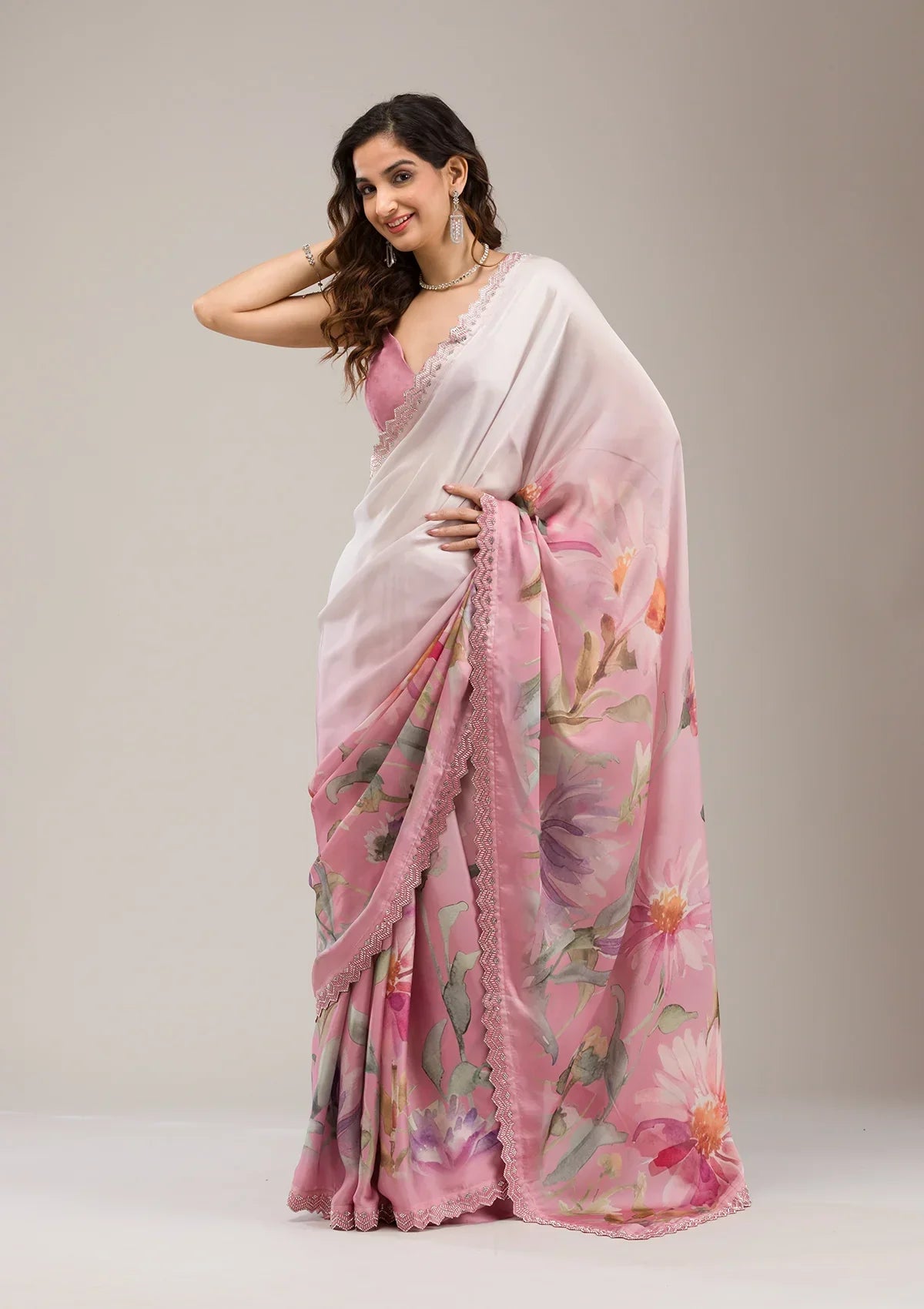 Baby Pink Stonework Satin Saree