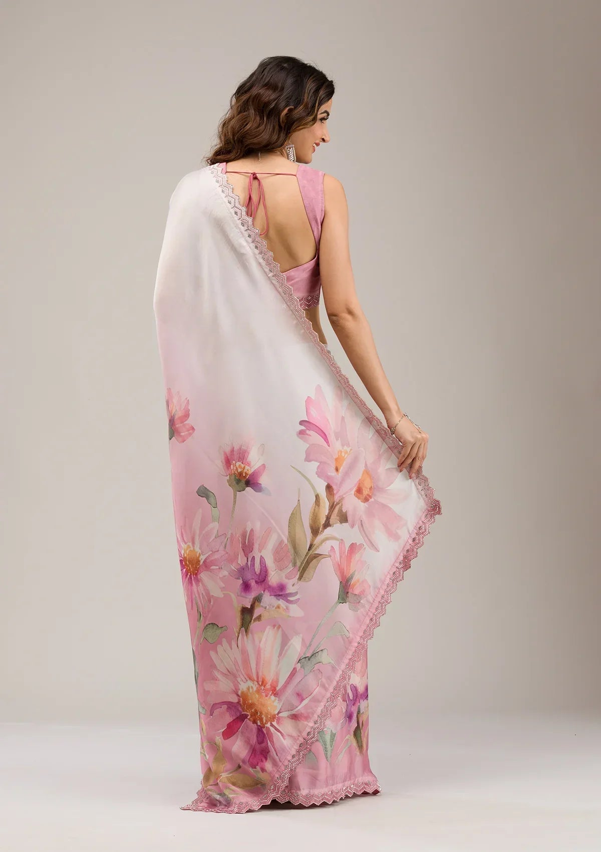 Baby Pink Stonework Satin Saree