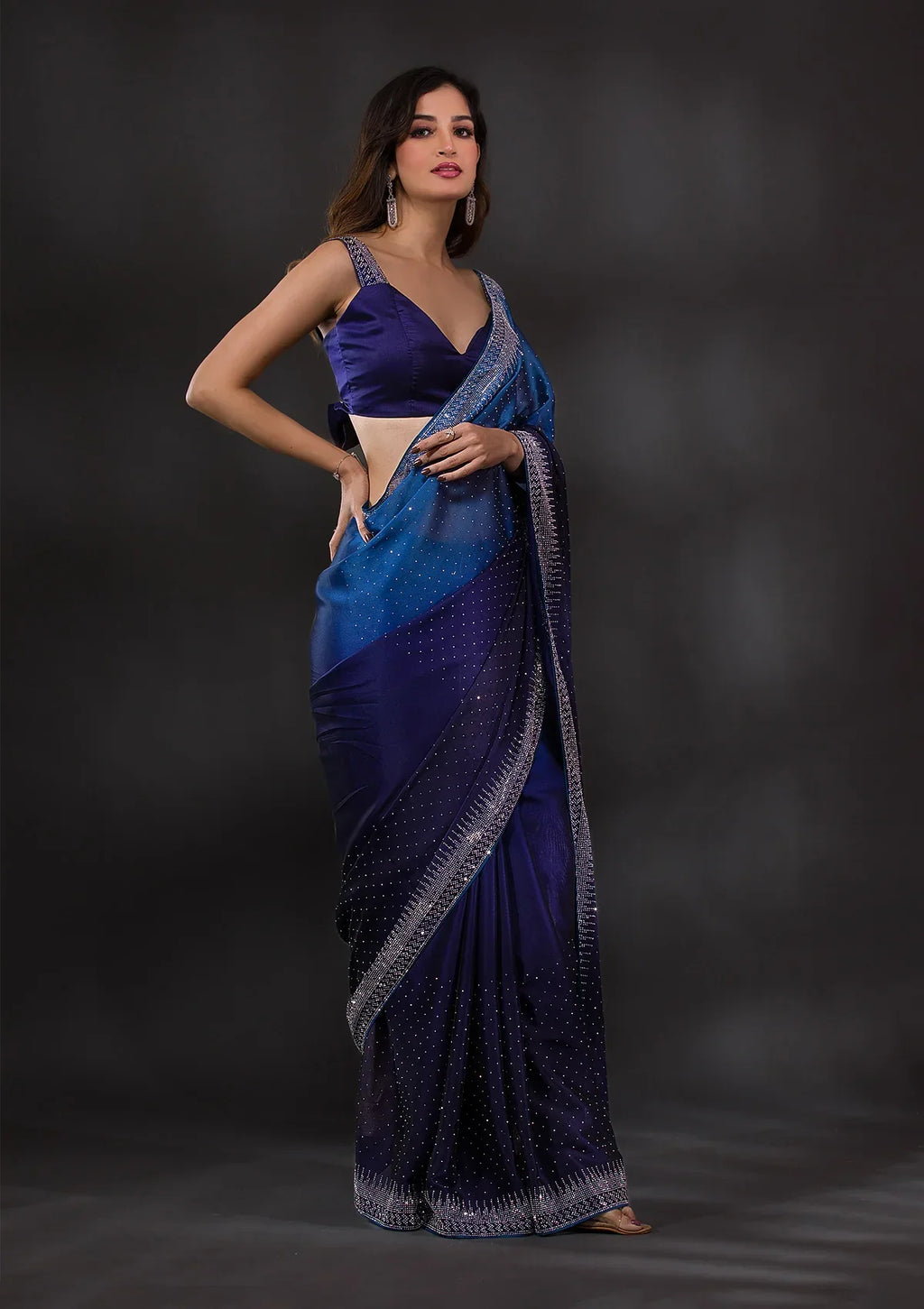 Ombre Navy Blue Stonework Satin Designer Saree