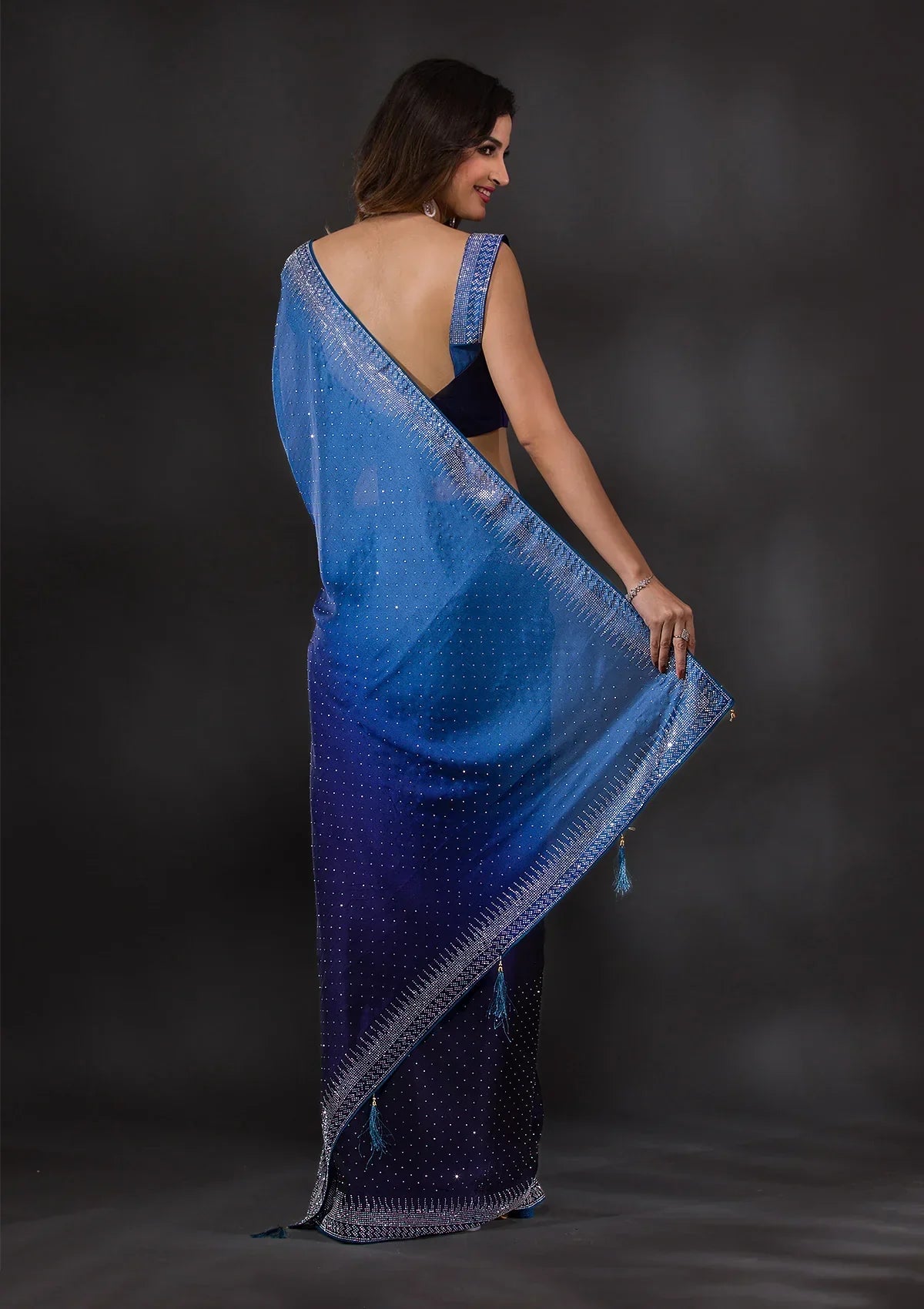 Ombre Navy Blue Stonework Satin Designer Saree