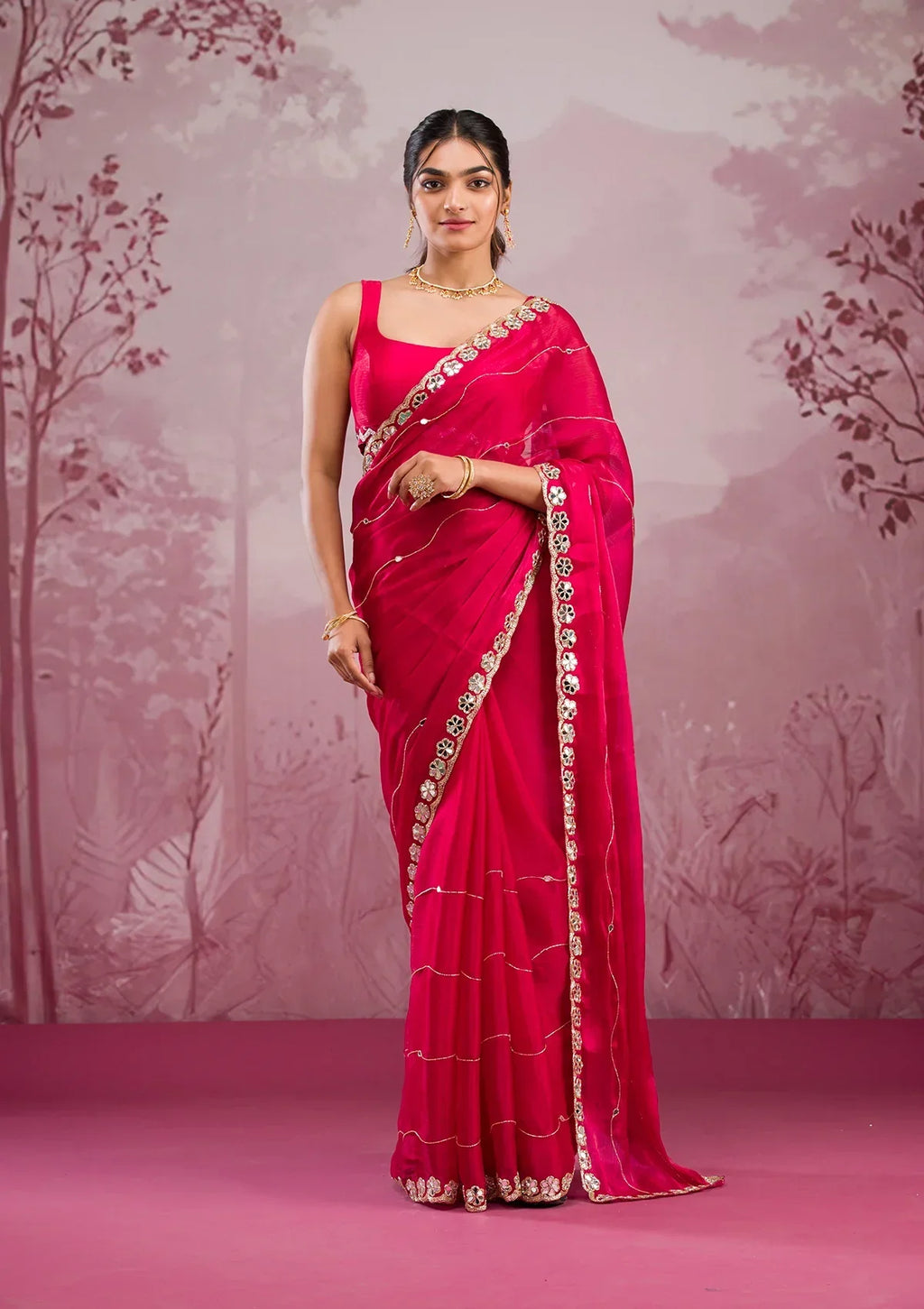 Red Mirrorwork Georgette Saree