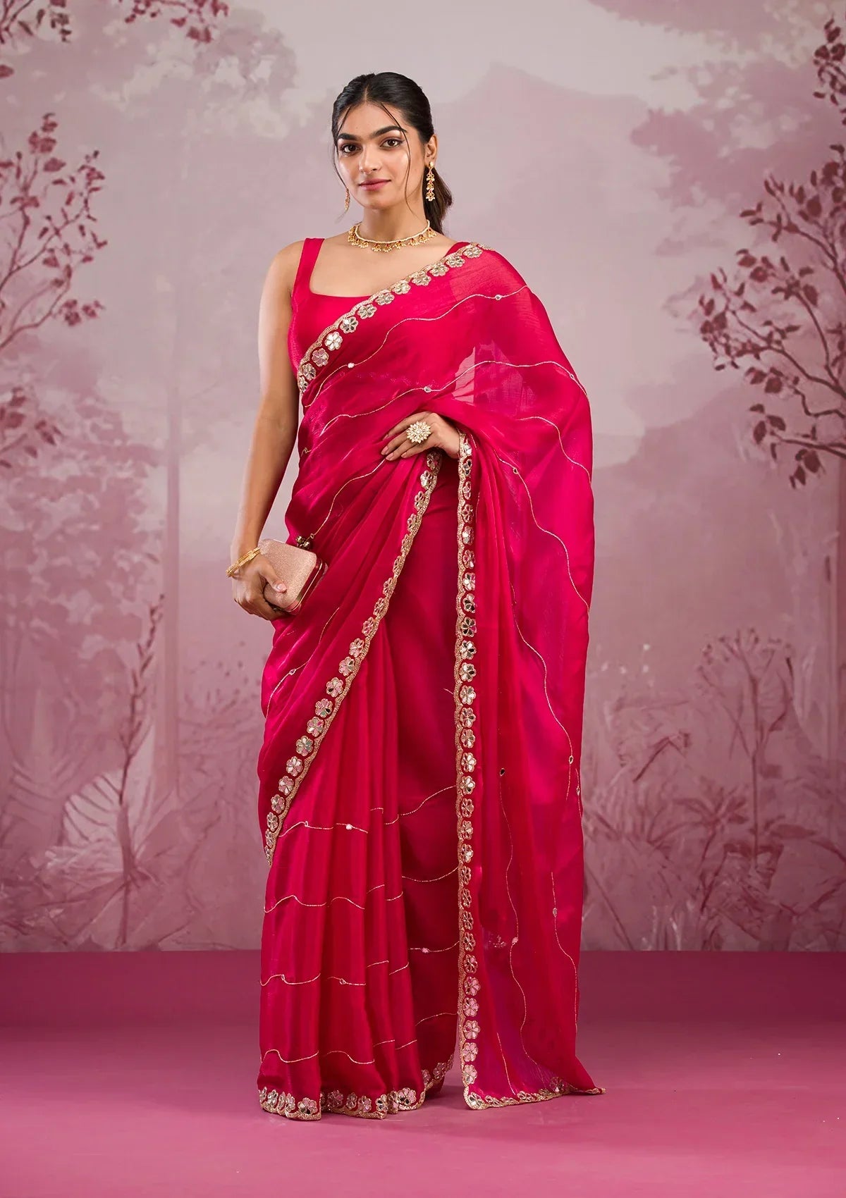 Red Mirrorwork Georgette Saree