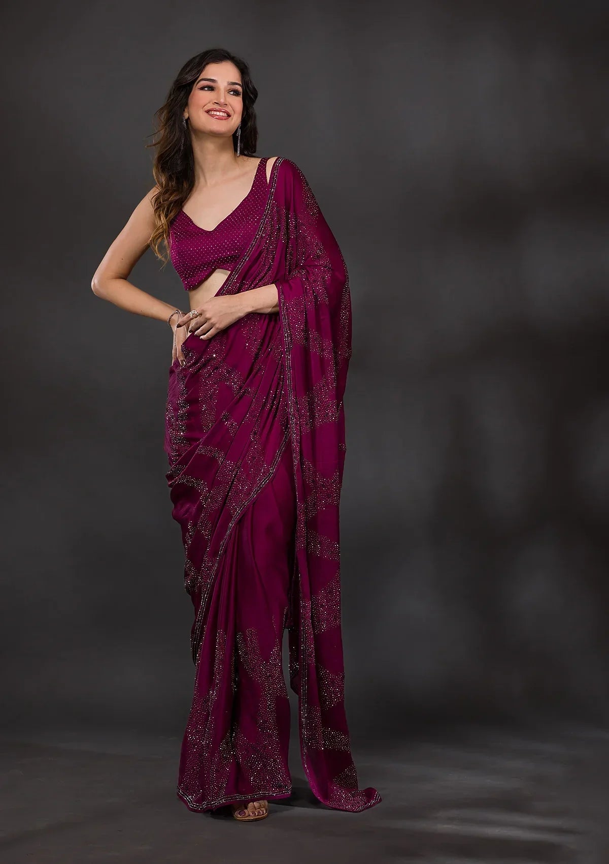 Wine Stonework Satin Designer Saree
